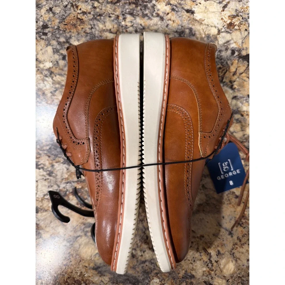 George Mens Wingtip Brogue Oxford Shoes Cognac Brown Memory Foam Wedge Sole 8